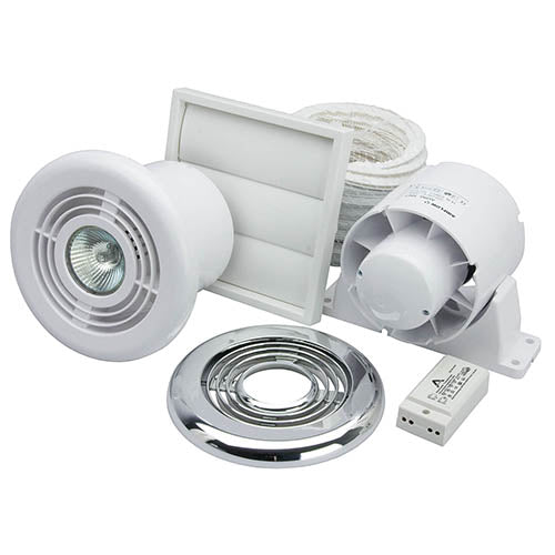 Aura 4 inch Shower Light & Fan Complete Kit C/w Ducting, Grille  + Adjustable Timer