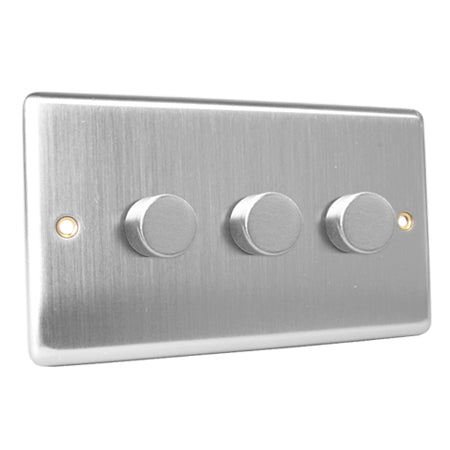 Excel Brushed Steel 3 Gang 2 Way 40-400W Push Dimmer Light Switch