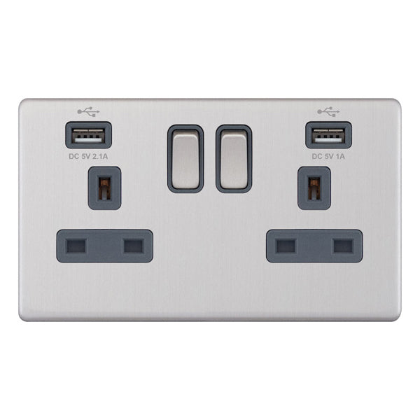 2 GANG SOCKET B/SATIN GREY USB