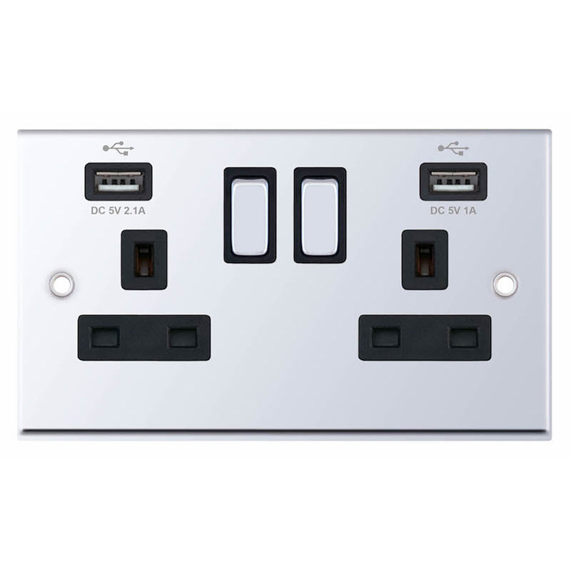 2 Gang 13 Amp Socket with 2 x USB Ports SP – Switched Black