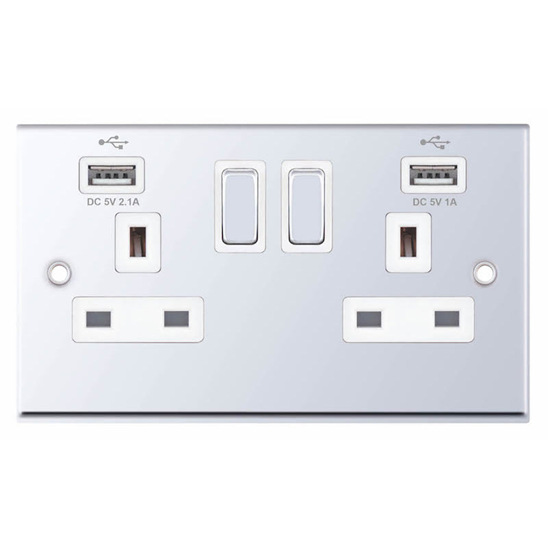 2 Gang 13 Amp Socket with 2 x USB Ports SP – Switched White