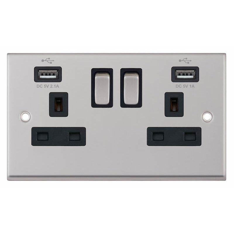 2 Gang 13 Amp Socket with 2 x USB Ports SP – Switched Black
