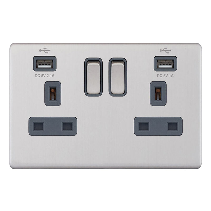 13A TWIN SWITCHED SOCKET WITH USB SOCKETS S/CHROME BLACK INS