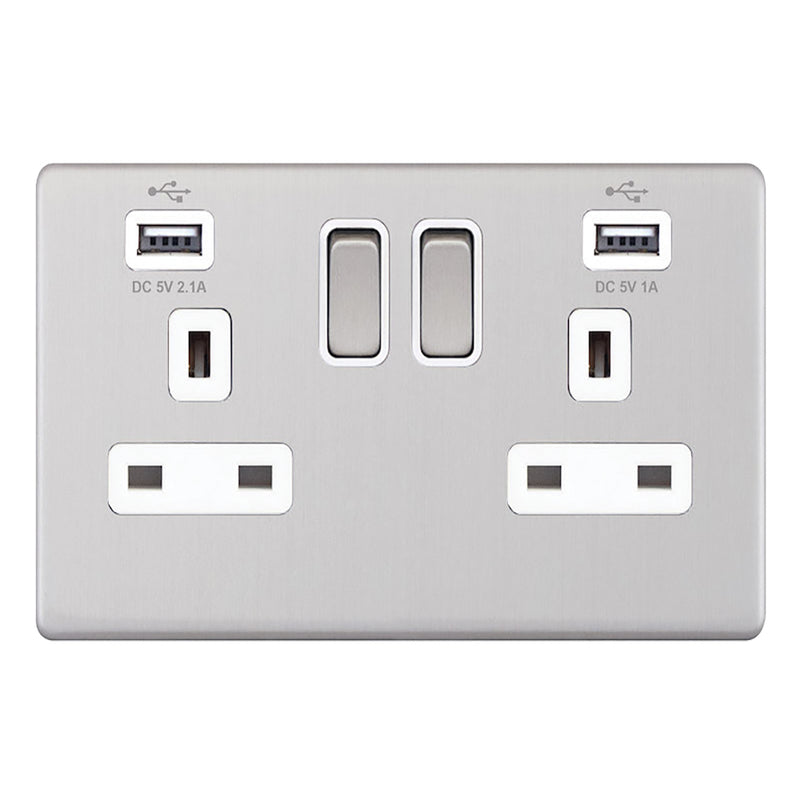 13A TWIN SWITCHED SOCKET WITH USB SOCKETS S/CHROME WHITE INS