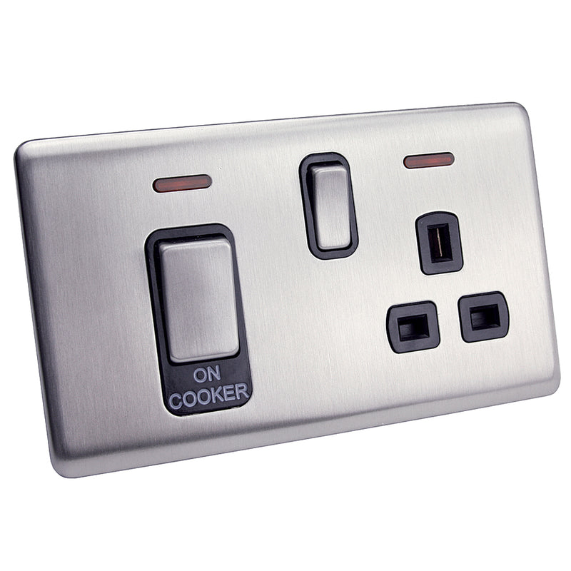 Excel Screwless Satin Chrome 45A 1 Gang Cooker Switch with Neon + 13A Socket - Black Insert