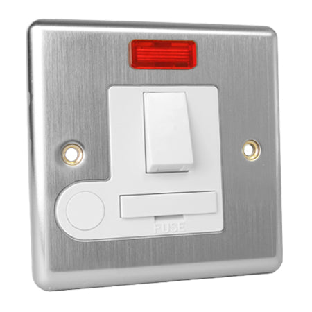Excel Brushed Steel 13A Switched Fused Spur Unit with Neon - White Insert