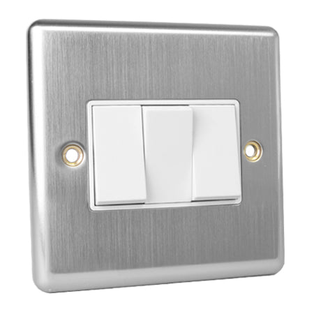 Magna Brushed Steel 3 Gang 2 Way Light Switch - White Insert