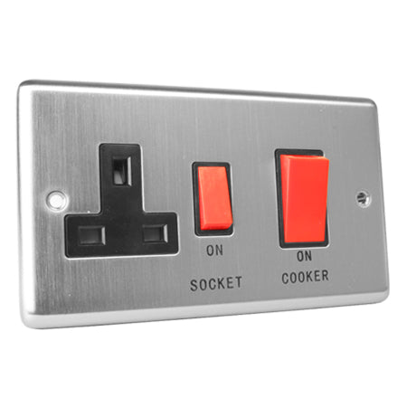 Excel Brushed Steel 45A Cooker Switch & 13A Switched Socket - Black Insert