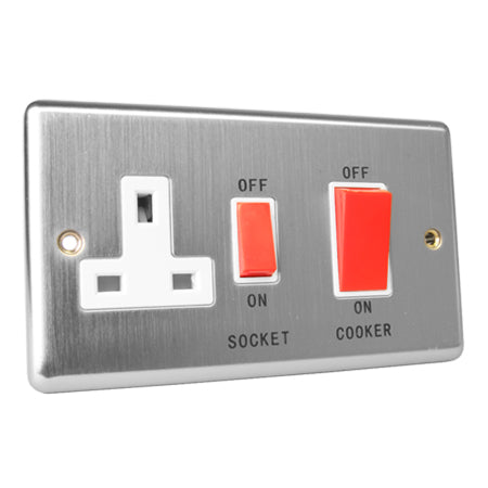 Excel Brushed Steel 45A Cooker Switch & 13A Switched Socket - White Insert