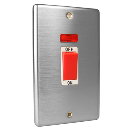 Excel Brushed Steel 45A Double Pole Switch with Neon - White Insert