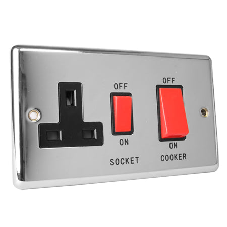 Excel Polished Chrome 45A Cooker Switch & 13A Switched Socket - Black Insert