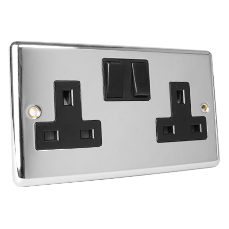 Magna Chrome 13A Switched 2 Gang Twin Double Socket - Black Insert