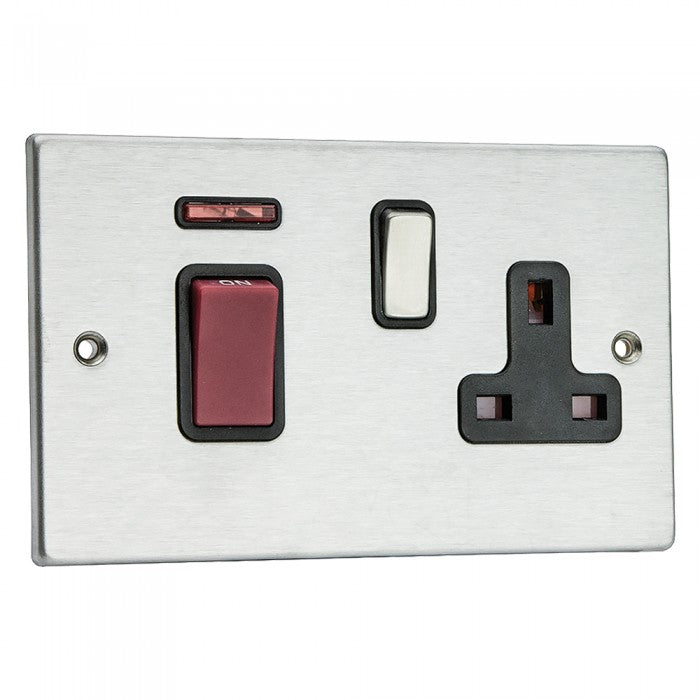 Hamilton Hartland Slimline 45A Cooker Switch & 13A Switched Socket - Satin Stainless with Black Inserts