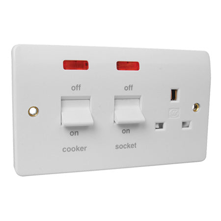 MK Logic Plus 45A Cooker Switch & 13A Socket with Neon - White