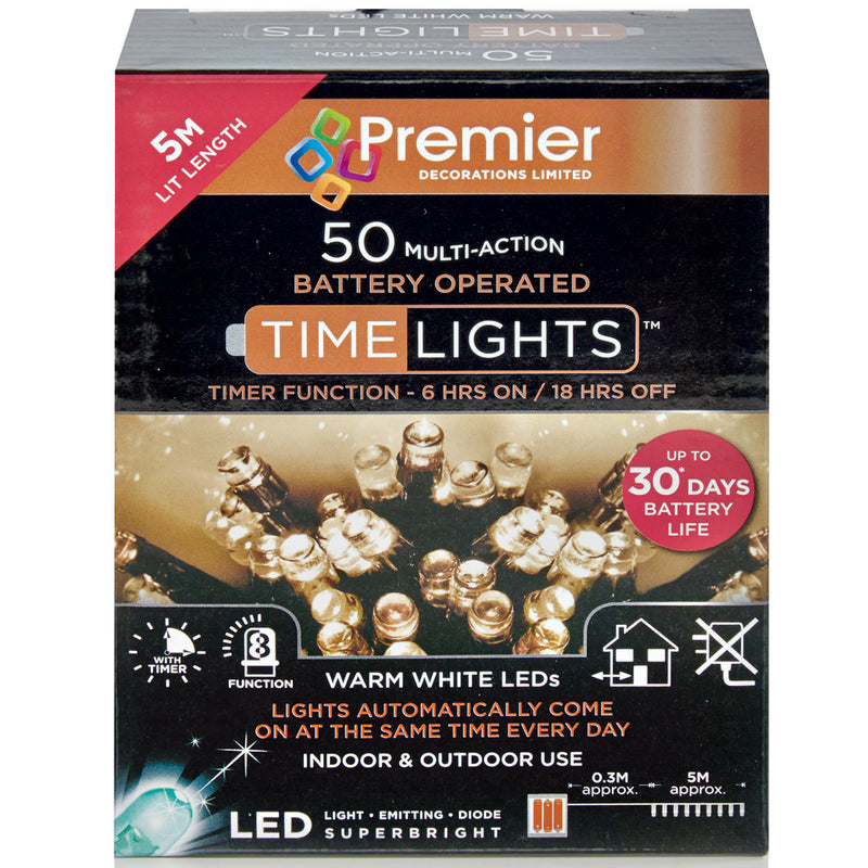 50 LED Festive Lights With Timer In Warm White
