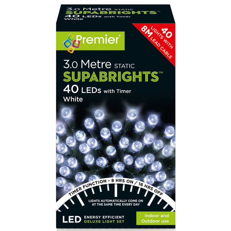 40 LED Supabrights Festive Lights With Timer - Green Cable - White